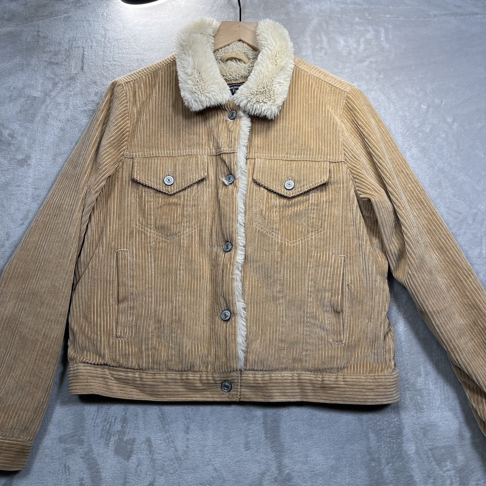 VINTAGE Abercrombie Fitch Jacket Women L Beige Trucker Corduroy Sherpa Lined Y2K